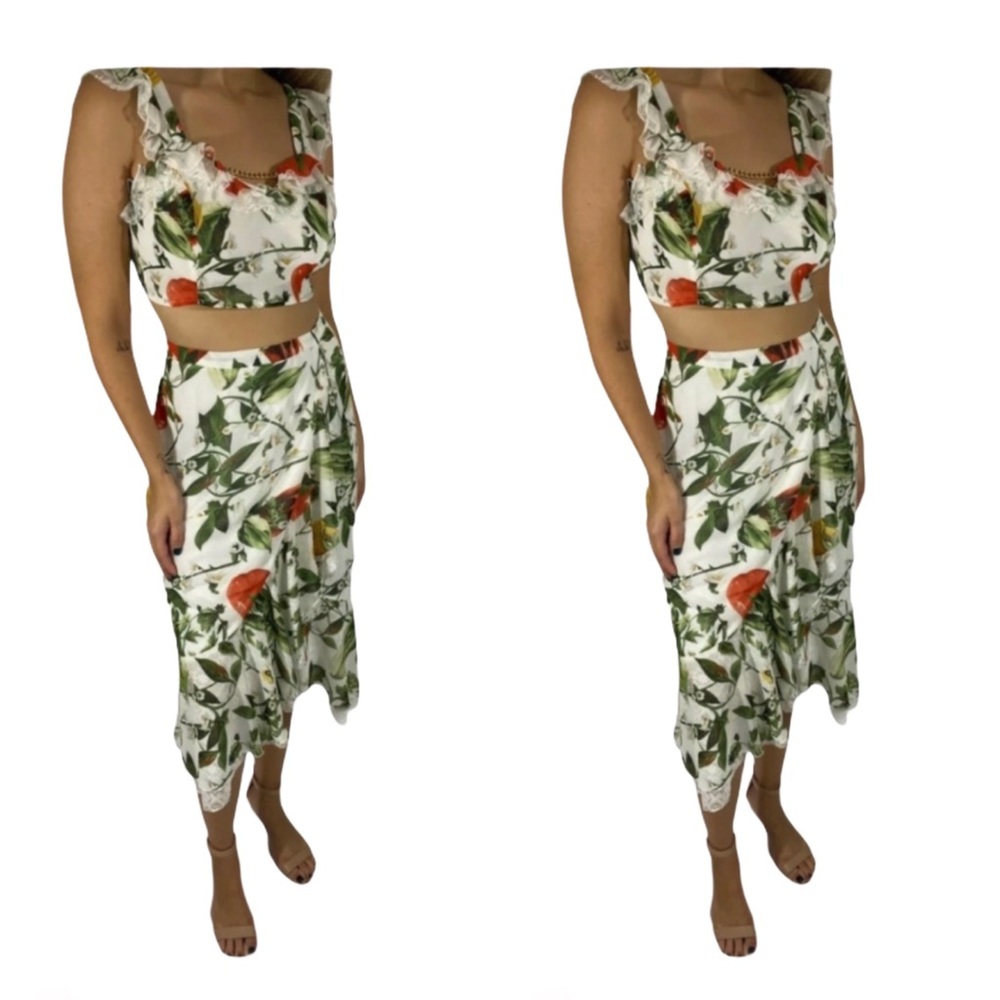 White Floral Lace 2 Piece Crop W/ Midi Skirt Set L